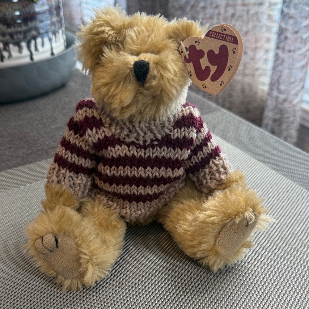 Ty Plush Bear with Burgundy and Cream Sweater Chelsea